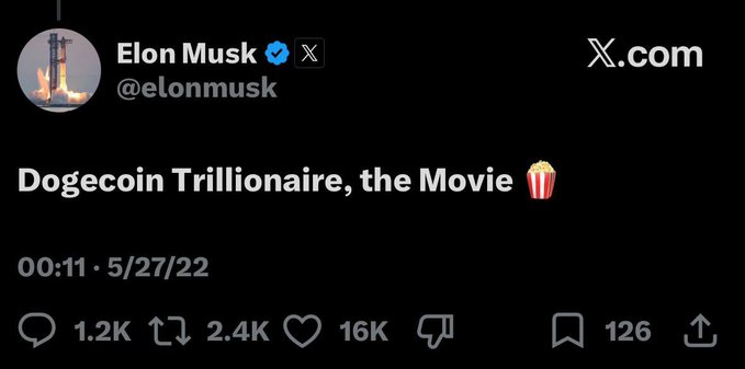 The image shows a post on Twitter from an account named "Elon Musk" with a caption that reads, "DOGEUS has just locked in billboards globally promoting a Dogecoin trillionaire movie which Elon said to create It features Dogeus Maximus When they start to go up it will become globally trending If this works then this goes". The post is about the release of a movie called "DOGEUS", and it mentions that the movie has already been released in multiple countries. The post also includes a hashtag, #DOGEUS, which might be related to the movie or the Dogecoin cryptocurrency.