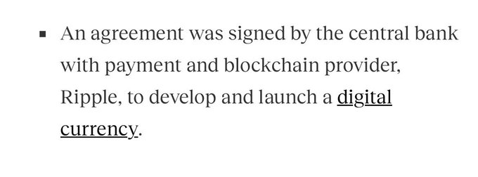 A text snippet reading: "An agreement was signed by the central bank with payment and blockchain provider, Ripple, to develop and launch a digital currency."
