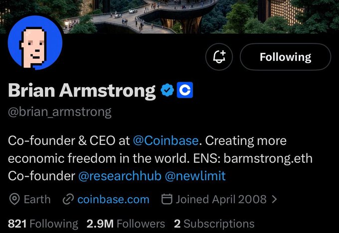 A Twitter/X profile for Brian Armstrong (@brian_armstrong), Co-founder & CEO at @Coinbase, showing 2.9M followers, joined April 2008, with ENS barmstrong.eth.