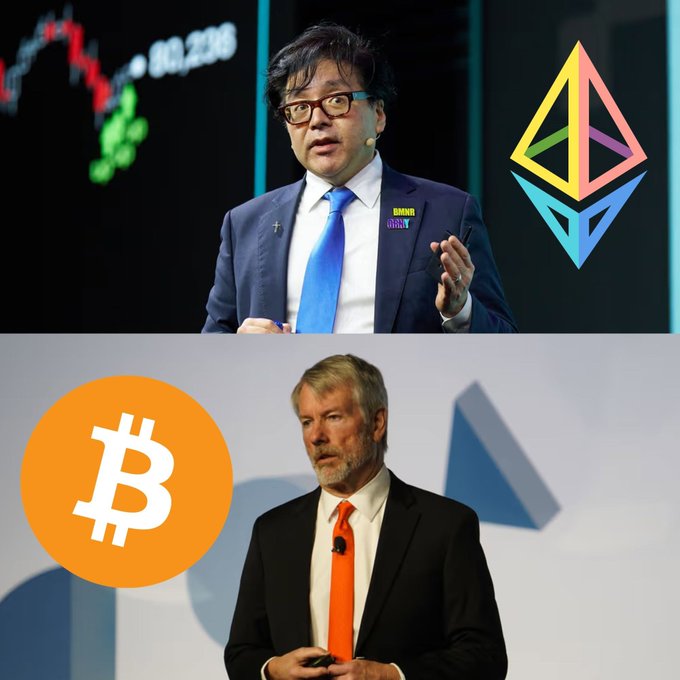 A split image showing two men in suits giving presentations: the top features a man with an Ethereum logo and a price chart, while the bottom shows a man with a Bitcoin logo.