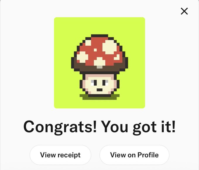 A pixel art mushroom on a bright green background is displayed with the text "Congrats! You got it!" along with "View receipt" and "View on Profile" buttons, indicating a successful purchase or acquisition of the digital item. The image relates to the post "Retail Shrooms. Signing-off." as it appears to be a confirmation screen for purchasing a mushroom-themed digital collectible.