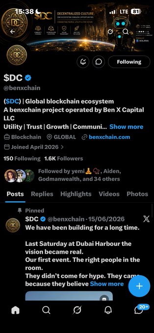An X (formerly Twitter) profile page for '$DC' (@benxchain), describing itself as a 'Global blockchain ecosystem' operated by Ben X Capital LLC, with 1.6K followers.