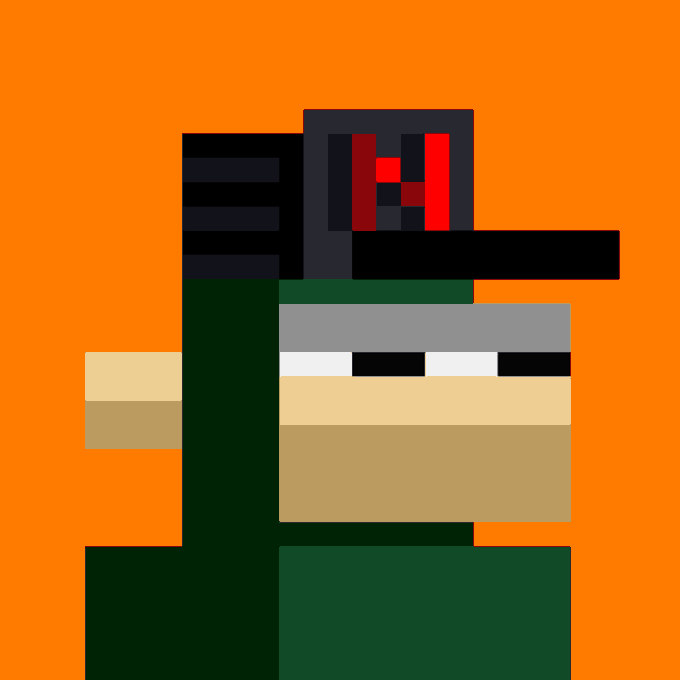 A minimalist pixel-art illustration of a blocky character with a dark helmet featuring a red symbol, set against a solid orange background.