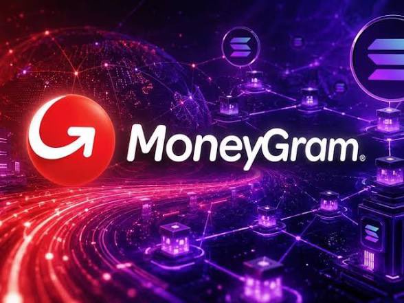 A promotional graphic shows the MoneyGram logo in red and white overlaid on a futuristic digital background featuring glowing purple blockchain networks and Solana logos.