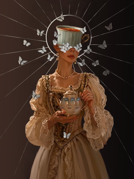A surreal digital artwork depicts a woman in an ornate cream-colored lace dress holding a teacup with a face on it, while another teacup floats above her head, surrounded by white butterflies and radiating lines.