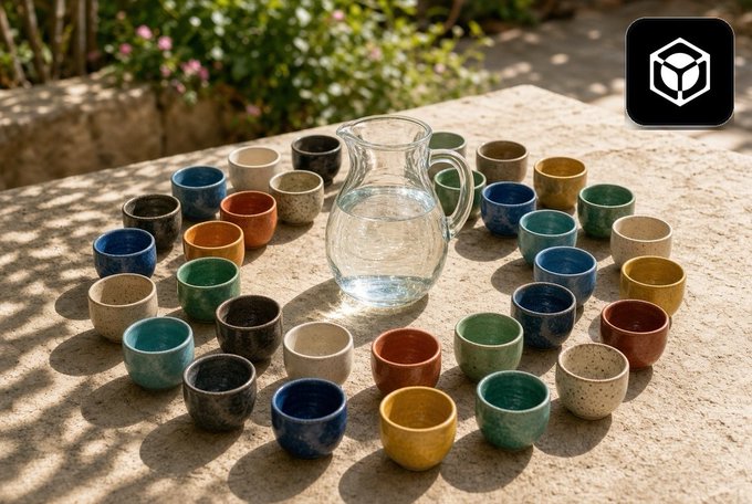 A collection of small, multicolored ceramic cups arranged in a circle around a clear glass pitcher on a sunlit stone surface, with a black and white 3D cube logo in the corner.