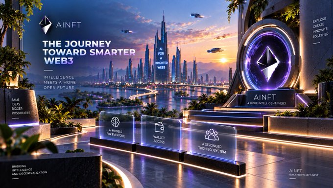 Digital promotional artwork for 'AINFT' with the tagline 'THE JOURNEY TOWARD SMARTER WEB3' and 'AI AS A BRIGHTER WEB3', featuring a futuristic cityscape and a glowing logo.