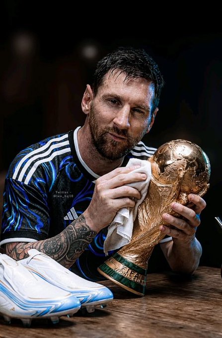 Lionel Messi, wearing Argentina's dark blue jersey, tenderly wipes down the FIFA World Cup trophy with a white cloth. A text overlay on his shirt reads "Twitter: @Leo_Bq10." The image aligns with the post's theme of supporting Messi, likely in reference to an upcoming match or World Cup-related event.