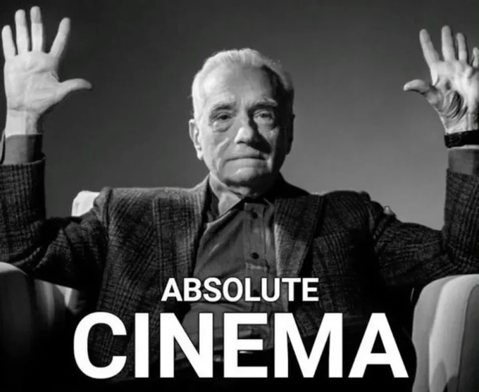 A black-and-white image shows an older man in a suit with his hands raised, with bold white text overlay reading "ABSOLUTE CINEMA".