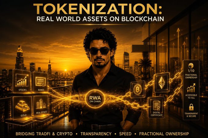 A promotional graphic titled 'TOKENIZATION: REAL WORLD ASSETS ON BLOCKCHAIN' featuring a man in sunglasses against a sunset cityscape, surrounded by icons representing stocks, bonds, gold, real estate, and cryptocurrency.