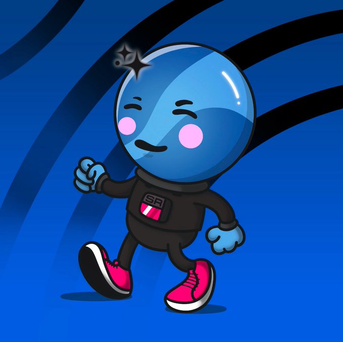 A cartoon illustration of a blue spherical-headed character with pink cheeks, wearing a black outfit with an 'SB' logo and pink sneakers, running against a blue background.