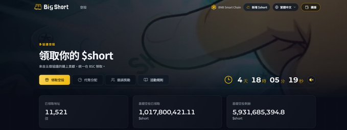 A dark-themed website interface for 'Big Short' featuring a cartoon eye background and the Chinese text '領取你的 $short' (Claim your $short), with a countdown timer and metrics showing 11,521 users and over 1 billion $short claimed.