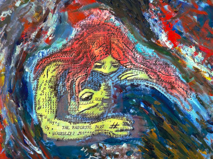 "Poet Toad #127," a mixed-media artwork combining typewriter text and oil paint, depicts a surreal yellow creature with a melancholic expression and flowing red hair, accompanied by the typed words "WHAT'S THE FAVORITE PART OF YOURSELF?"—embodying the introspective, whimsical theme referenced in the accompanying post, which lists it as a 1 SOL starting bid auction on mallowdotart.