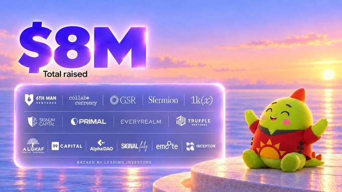A promotional graphic for a cryptocurrency project that raised $8M, displaying logos of investors including 6th Man Ventures, Collab+Currency, GSR, Stormion, 1k(x), Signum Capital, Primal, Everyrealm, Truffle Ventures, AlghaFund, Capital, AlphaDAO, Signall4, Emote, and Inception, alongside a green cartoon dragon character sitting by the ocean at sunset.