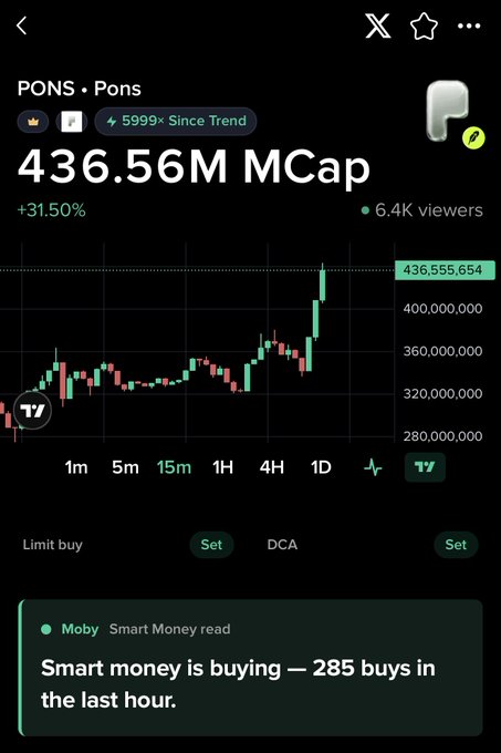 A screenshot of the PONS (Pons) token trading chart showing a market cap of 436.56M MCap with a +31.50% gain, highlighting that the token has surged 5,999× since it was first tracked at just $71K, while noting smart money activity with 285 buys in the last hour and that auto orders are now live on Robinhood Chain.