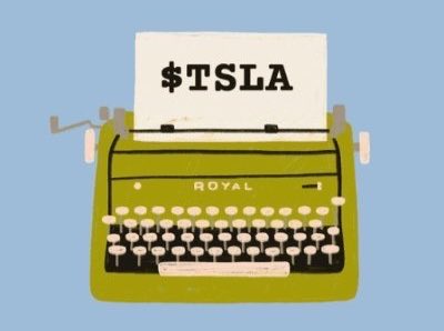 Illustration of a vintage green Royal typewriter typing '$TSLA' on a blue background.