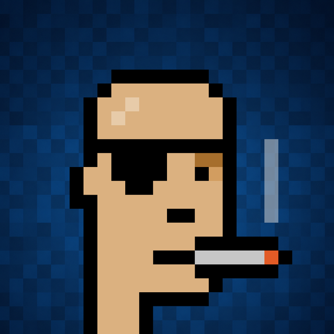 Pixel art portrait of a bald figure with a black beard and a cigarette in their mouth, set against a blue pixelated background, illustrating the delivery and reveal of the rare CryptoPunk-style NFT collection to early minters as mentioned in the completion announcement.