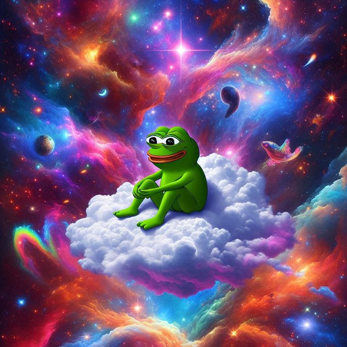 A vibrant, surreal digital artwork of a green frog sitting on a fluffy white cloud in a colorful cosmic space scene filled with stars, planets, and nebulae.