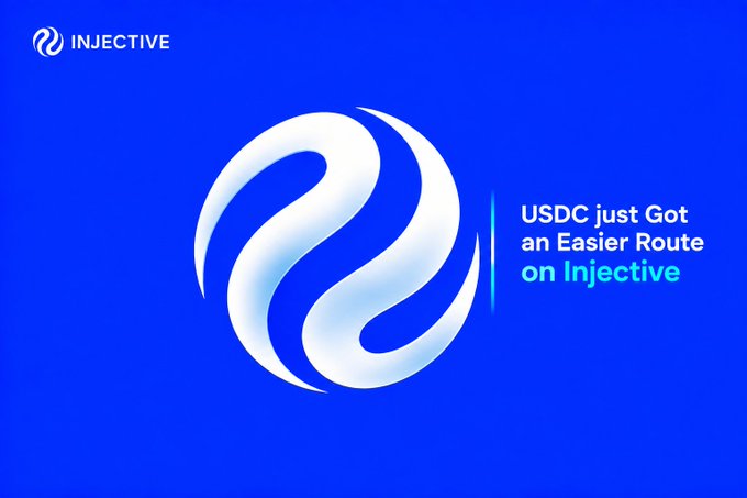 An Injective (INJ) cryptocurrency promotional graphic with the Injective logo and text 'USDC just Got an Easier Route on Injective'.
