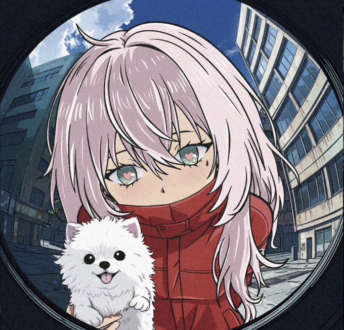 An anime-style illustration shows a girl with long pinkish-white hair and heart-shaped pupils wearing a red puffer jacket, holding a small white fluffy dog with its tongue out, viewed through a circular lens with city buildings in the background.