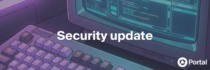 A retro-styled pixel art image shows a purple computer terminal and keyboard with the bold white text "Security update" overlaid, alongside the Portal logo in the bottom right corner. The image visually reinforces the accompanying post about Portal X's account security incident, using a tech/cybersecurity aesthetic to frame the announcement about the phishing breach and swift response.