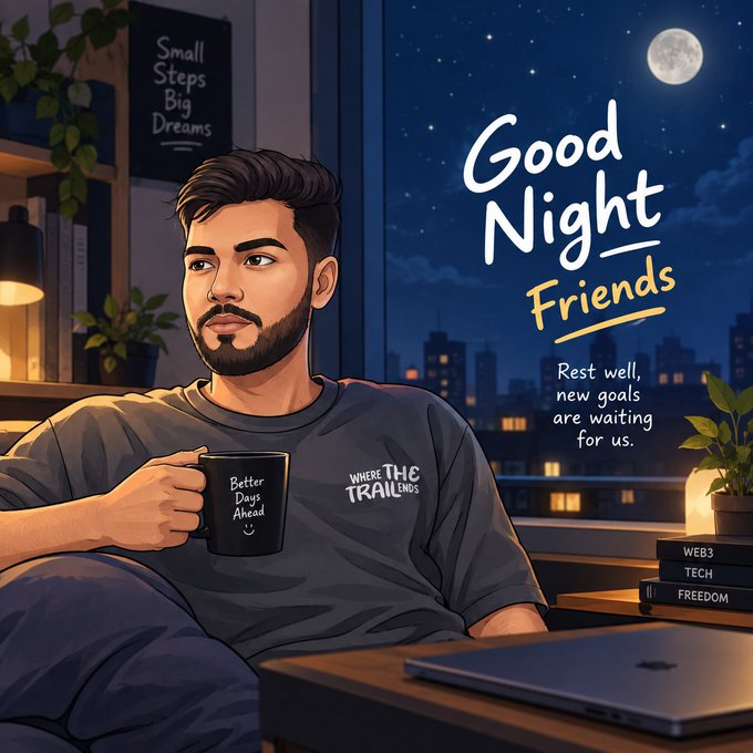 An illustrated 'Good Night Friends' greeting card showing a bearded man holding a mug that reads 'Better Days Ahead' in a cozy room at night, with text 'Rest well, new goals are waiting for us.'