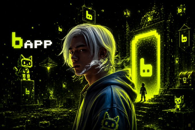 The artwork features a white-haired anime-style character smoking amid a neon green, pixel-art cityscape filled with floating "b" logos, pixel cats, and treasure chests, with "bAPP" displayed prominently. The scene visually ties to the post's announcement by branding the @Bappfun NFT mint and $BAPP token launch with its signature neon-green, retro-gaming aesthetic.