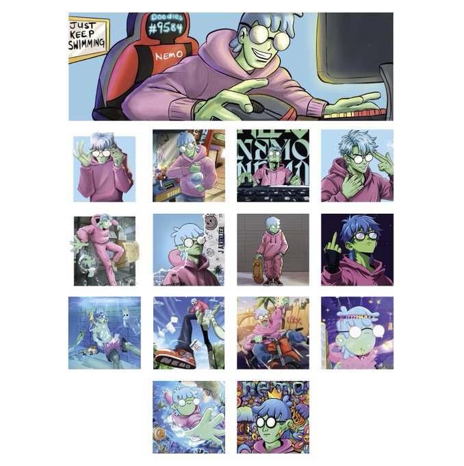 A collection of cartoon-style character illustrations, with a large header panel labeled 'Nemo' showing a green-skinned figure in a pink hoodie, surrounded by smaller grid images of the same character in various poses and settings.