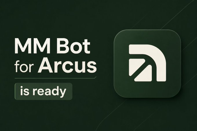 A dark green promotional graphic announces 'MM Bot for Arcus is ready' next to a stylized white 'A' logo.