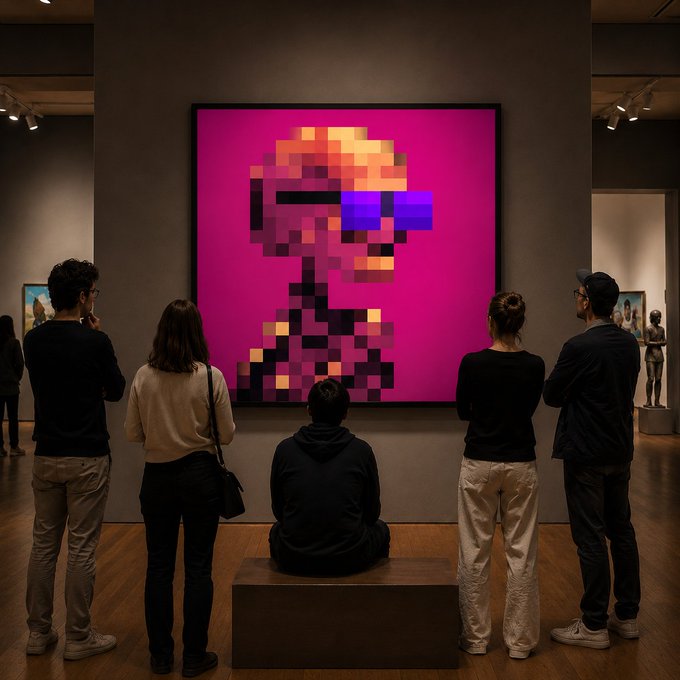 People stand and sit in a dimly lit gallery, viewing a large pixel-art portrait of a figure wearing sunglasses against a bright pink background.