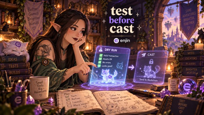 A fantasy illustration features an elf character with pointed ears examining a glowing holographic interface labeled 'test before cast' with 'DRY RUN' and 'CAST' panels, surrounded by books with titles like 'IDEAS', 'TESTS', 'BUILDS' and banners reading 'Better Games Brighter Worlds' and 'Same Adventures Brighter Together' under the 'enjin' logo.