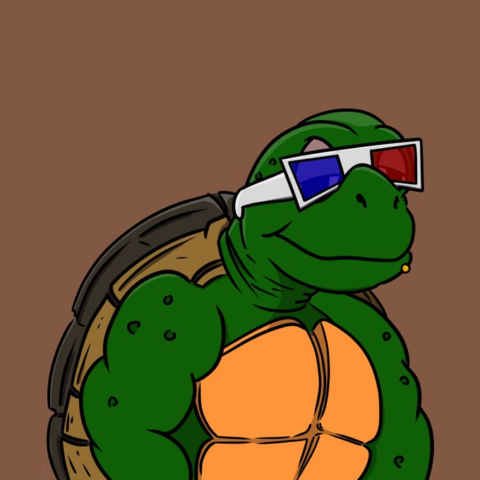 A cartoon illustration of a smiling green turtle character wearing red and blue 3D glasses against a brown background.