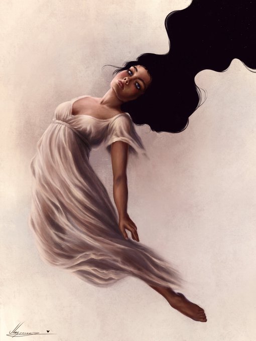 A digital painting depicts a woman in a flowing pale dress reclining, with her dark hair blending into a starry black shape at the top right.