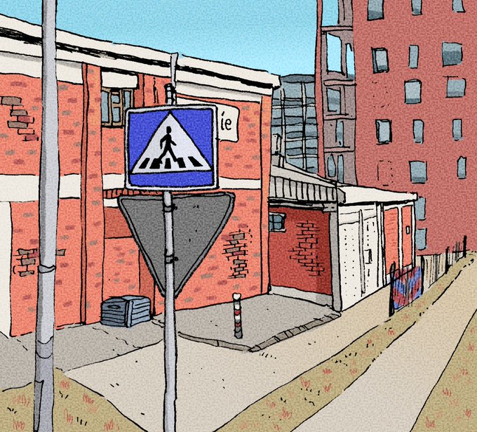 A digital illustration with a sketched filter depicting a city street corner with a prominent blue pedestrian crossing sign in the foreground.
