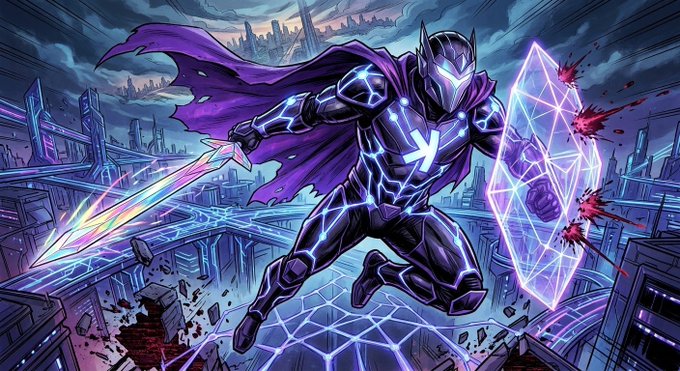 A futuristic armored knight with a glowing purple cape wields a crystalline shield and energy sword while hovering over a neon-lit, shattered cityscape—its angular, blocky architecture mirroring the DAG (directed acyclic graph) blockchain structure associated with $KAS (Kaspa), visually embodying the "DAGKnight" moniker.
