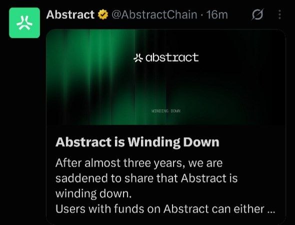 A tweet from Abstract (@AbstractChain) announcing 'Abstract is Winding Down' after almost three years, with users able to retrieve their funds.