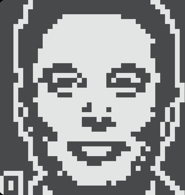 A pixelated black-and-white graphic portrait of a smiling face with glasses, rendered in a blocky 8-bit style.