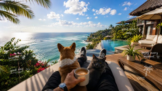 A person relaxes at a luxurious clifftop villa with their cat and dog, enjoying coffee with a panoramic ocean view while doodled text overlays like "good vibes only" and "breathe" set a peaceful tone—pairing perfectly with the post's message about QuipSwap simplifying cross-chain trading by separating price discovery from settlement, like enjoying the view without worrying about the bridge to get there.
