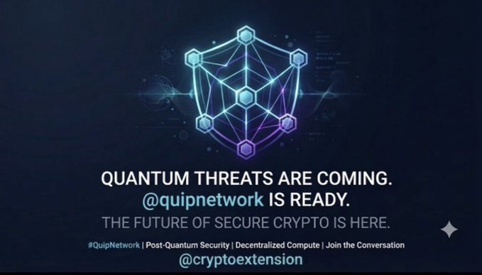 A digital graphic with a glowing blue and purple shield logo displays the text 'QUANTUM THREATS ARE COMING. @quipnetwork IS READY. THE FUTURE OF SECURE CRYPTO IS HERE.' with hashtags #QuipNetwork and #cryptoextension.