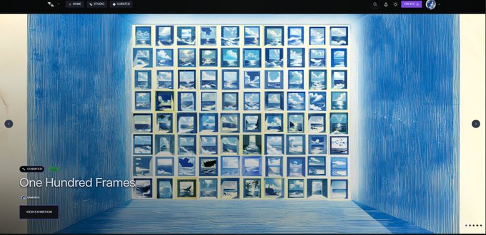 A digital exhibition display showing 'One Hundred Frames' - an artwork consisting of a grid of blue-toned framed pieces displayed against a blue background.