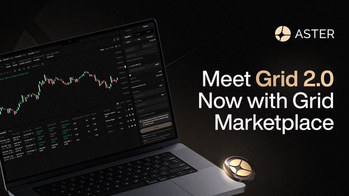 A laptop displays a candlestick trading chart on the Aster platform, accompanied by the Aster DEX logo and promotional text announcing "Meet Grid 2.0 Now with Grid Marketplace." The image visually reinforces the post's announcement of Aster's upgraded grid trading tool, showcasing the interface where users can run multiple grid strategies alongside perp trading.