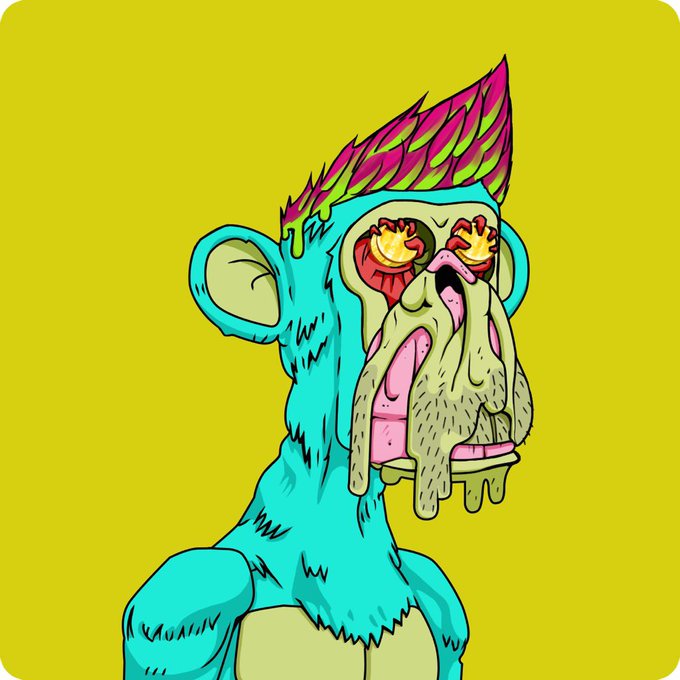 A psychedelic cartoon illustration of a blue monkey with a pink and yellow mohawk, flaming heart-shaped eyes, and a melting drooling face against a yellow background.