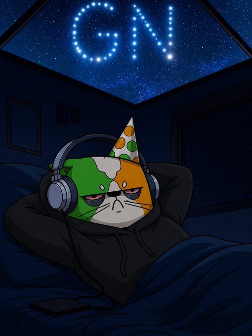 An illustrated grumpy cat wearing a party hat and headphones lies in bed under a starry sky with the word 'GM' spelled out in lights above.