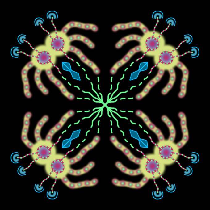 A symmetrical, abstract digital artwork on a black background featuring neon colors, depicting four crab-like or spider-like figures with glowing bodies and antennae, connected by green dashed lines to a central point with blue diamond shapes.