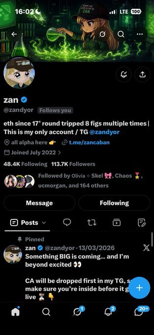 A Twitter/X profile page for a user named 'zan' (@zandyor) with the bio 'eth since 17° round tripped 8 figs multiple times | This is my only account / TG @zandyor', showing a green-themed anime header.