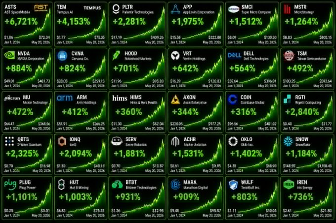 A grid of 30 stock market performance cards showing various companies like ASTS (+6,721%), TEM (+4,153%), APP (+2,281%), SMCI (+1,512%), and MSTR (+1,264%), each with a price chart from January 1, 2024 to May 20, 2024.