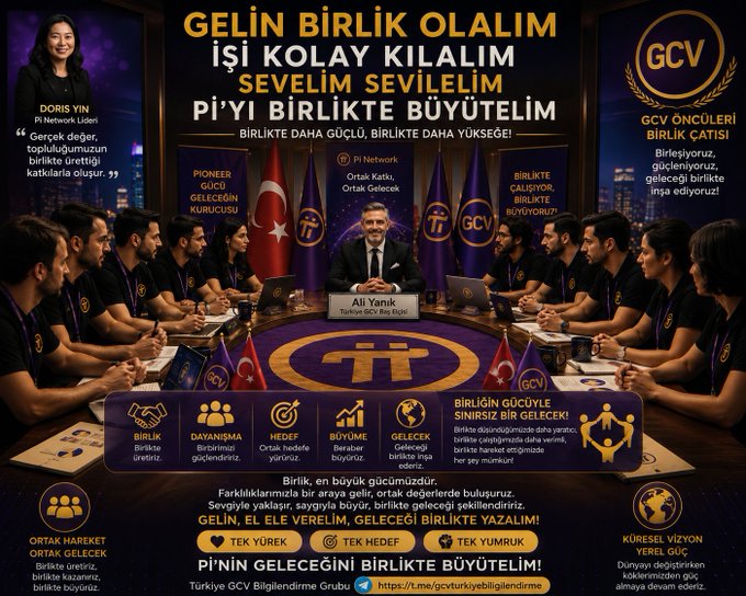 A Turkish promotional/recruitment poster titled 'GELİN BİRLİK OLALIM İŞİ KOLAY KILALIM SEVELİM SEVİLİELİM Pİ'Yİ BİRLİKTE BÜYÜTELİM' featuring 'GCV' branding and a central figure labeled 'Ali Yanık'.
