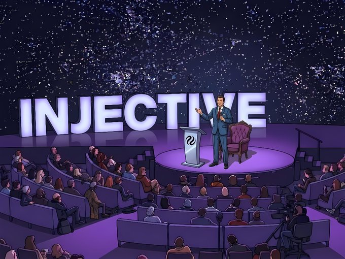 A cartoon-style illustration of a man in a blue suit giving a presentation on a stage in front of an audience, with 'INJECTIVE' displayed in large letters behind him against a starry night backdrop.