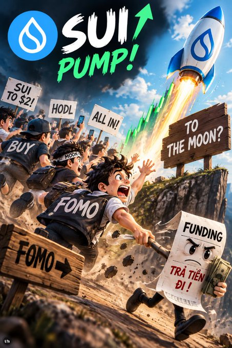 A dramatic illustration promoting the SUI cryptocurrency token shows a rocket launching with crowds of people rushing forward, displaying signs reading 'SUI TO $2!', 'HODL', 'ALL IN!', 'TO THE MOON?', 'FOMO', and 'FUNDING'.