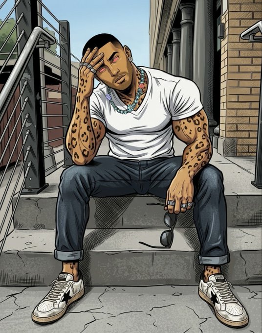 A comic-style illustration of a tattooed man in a white t-shirt and jeans sitting dejectedly on outdoor steps, holding sunglasses.